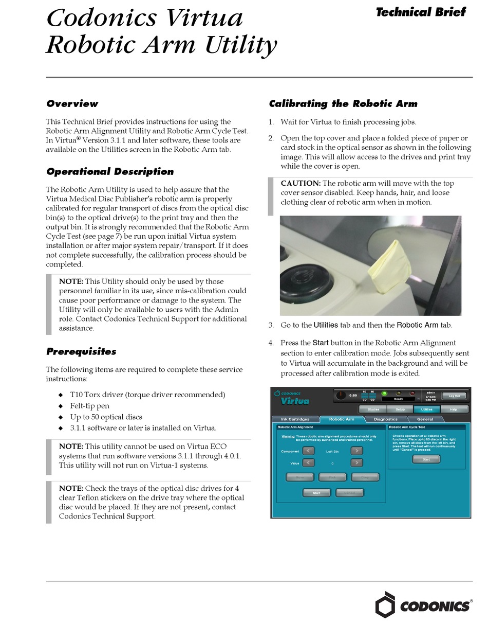 CODONICS VIRTUA ROBOTIC ARM UTILITY TECHNICAL BRIEF Pdf Download ...