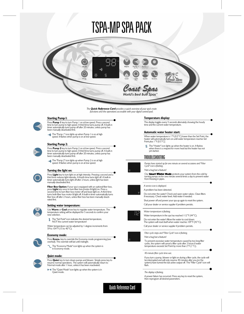 COAST SPAS TSPAMP QUICK REFERENCE CARD Pdf Download ManualsLib