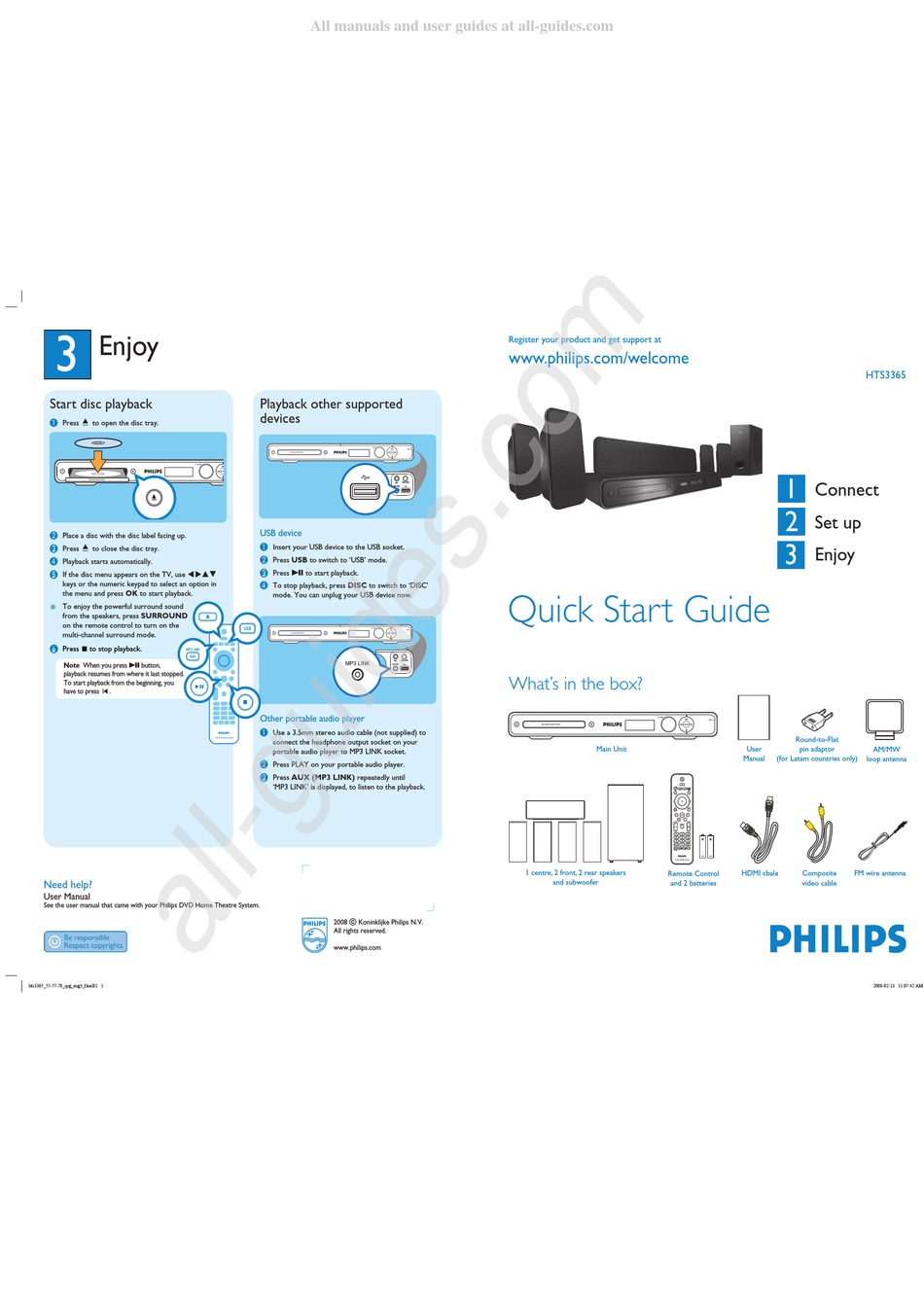 Philips Hts Quick Start Manual Pdf Download Manualslib