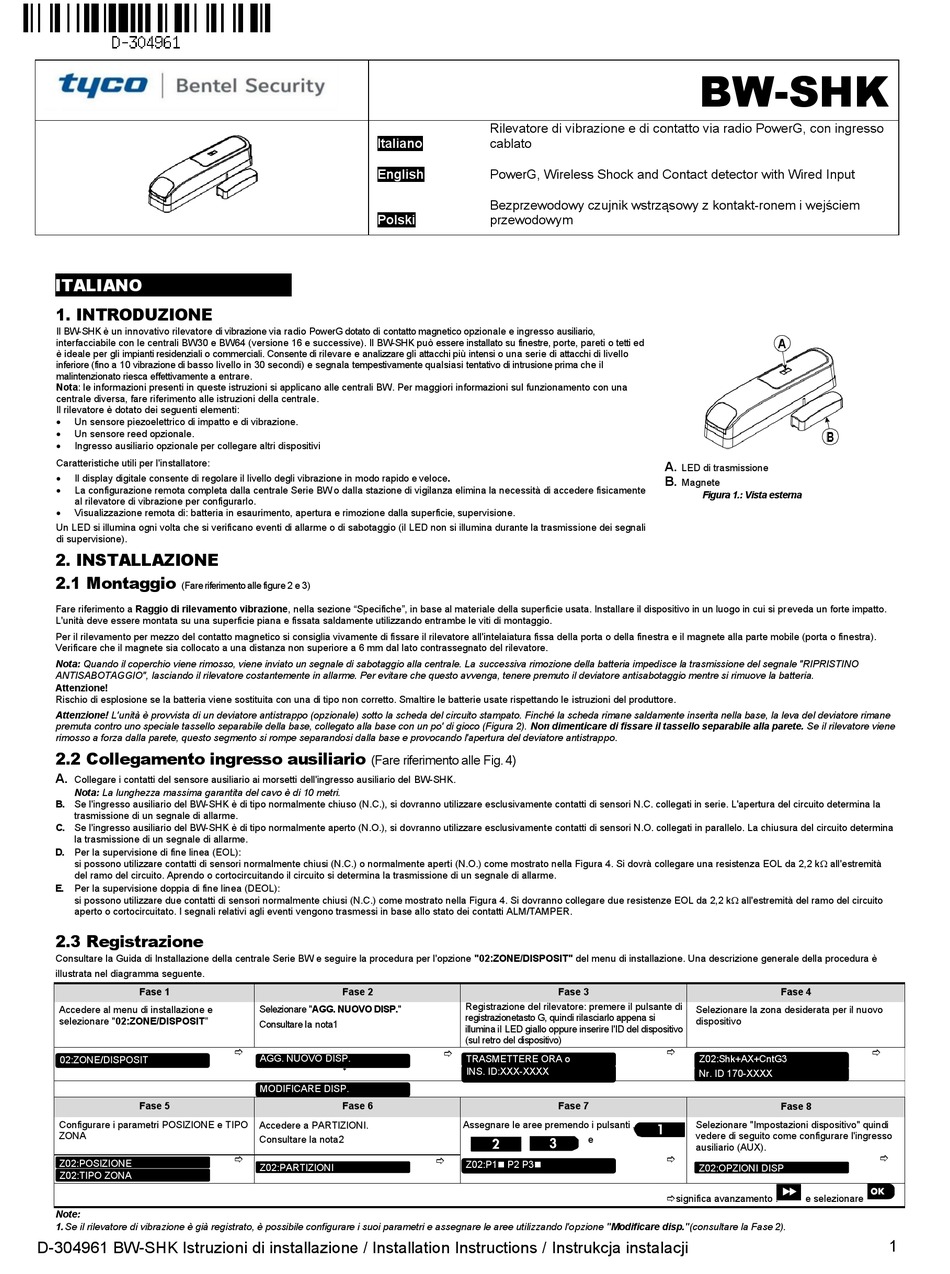 JOHNSON CONTROLS TYCO BENTEL SECURITY BW-SHK INSTALLATION INSTRUCTIONS ...