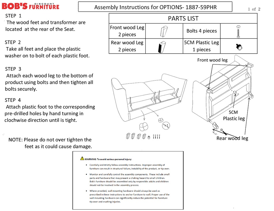 BOB'S DISCOUNT FURNITURE OPTIONS 188759PHR ASSEMBLY INSTRUCTIONS Pdf