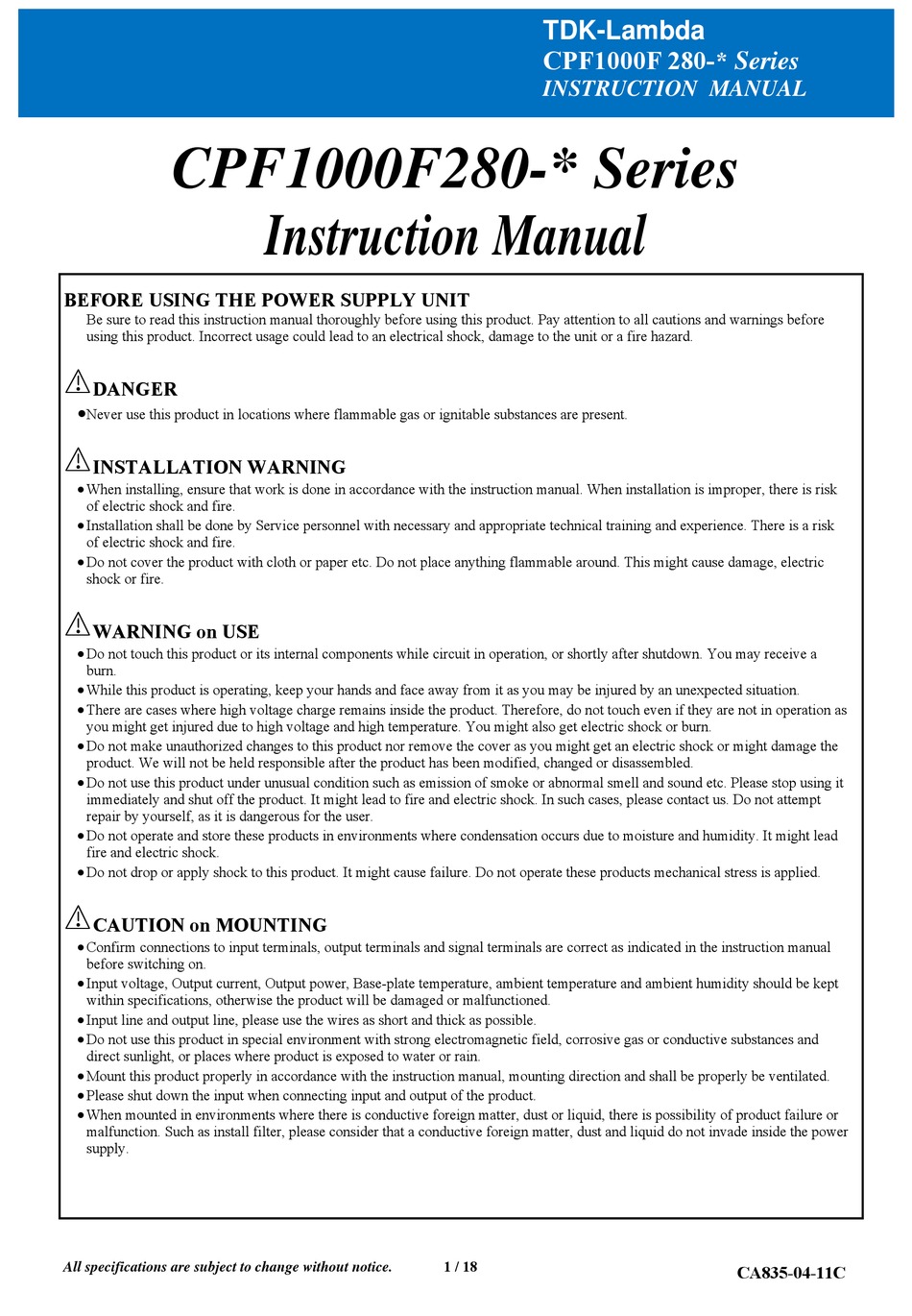 Tdk Lambda Cpf100f280 Series Instruction Manual Pdf Download Manualslib 0636