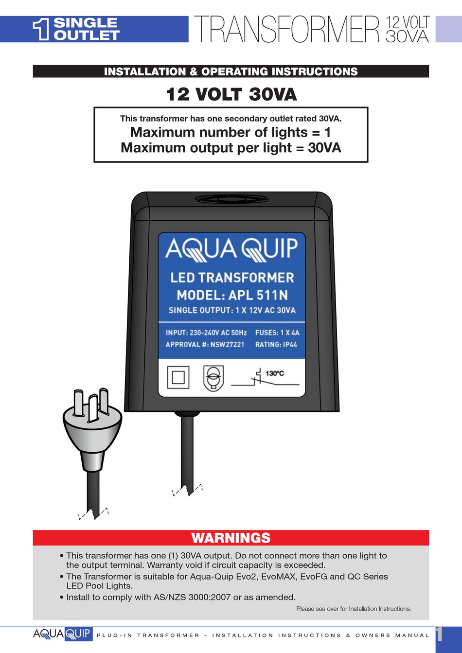 AQUA QUIP APL 511N INSTALLATION & OPERATING INSTRUCTIONS MANUAL Pdf