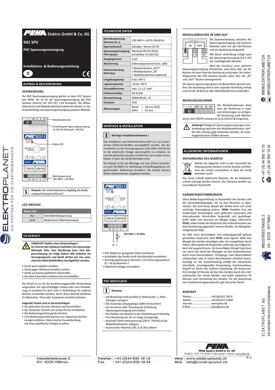 PEHA 942 SPV INSTALLATION AND OPERATING INSTRUCTIONS Pdf Download ...