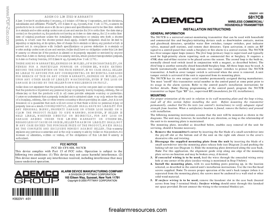 ADEMCO 5817CB INSTALLATION INSTRUCTIONS Pdf Download ManualsLib