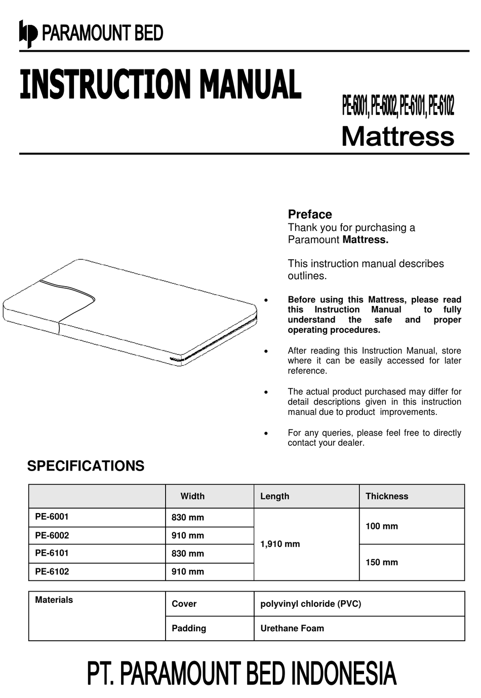 PARAMOUNT BED PE-6001 INSTRUCTION MANUAL Pdf Download | ManualsLib