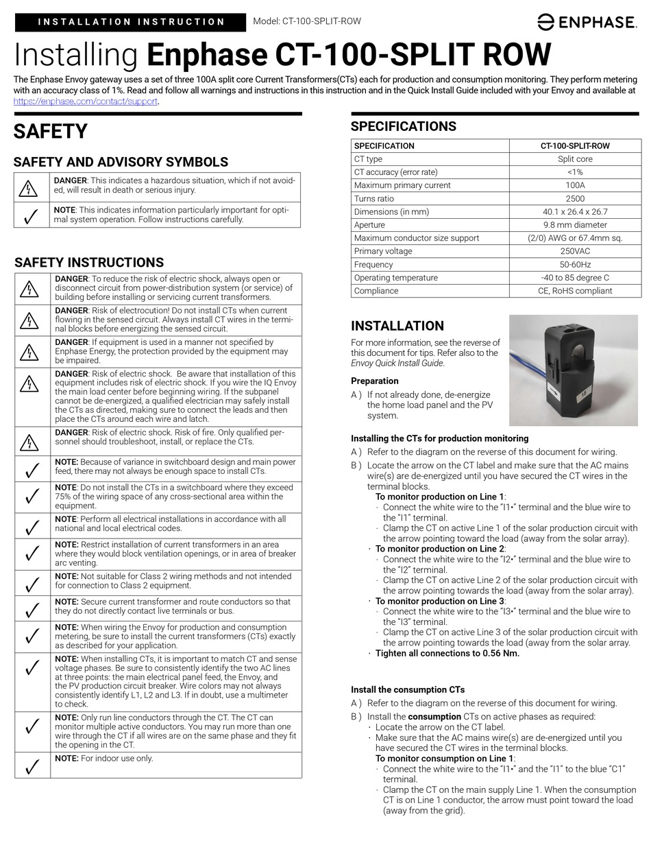 Enphase Ct 100 Split Row Installation Instruction Pdf Download Manualslib