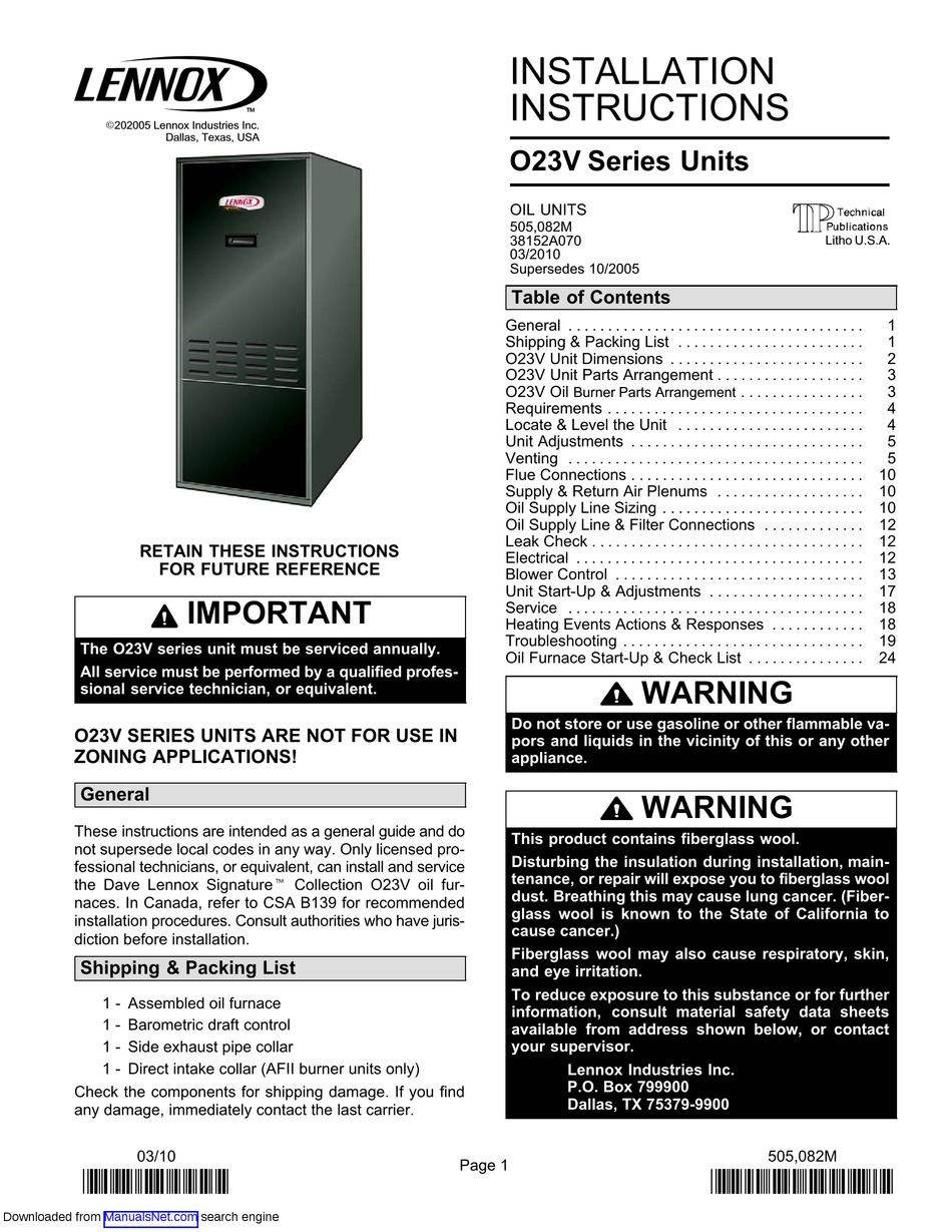 LENNOX O23V SERIES INSTALLATION INSTRUCTIONS MANUAL Pdf Download ...