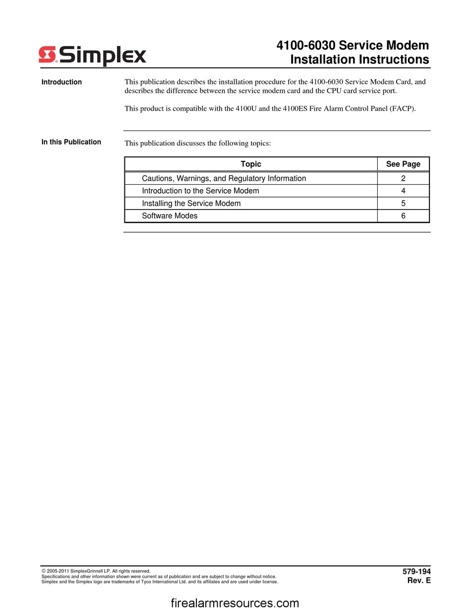 SIMPLEX 41006030 INSTALLATION INSTRUCTIONS MANUAL Pdf Download