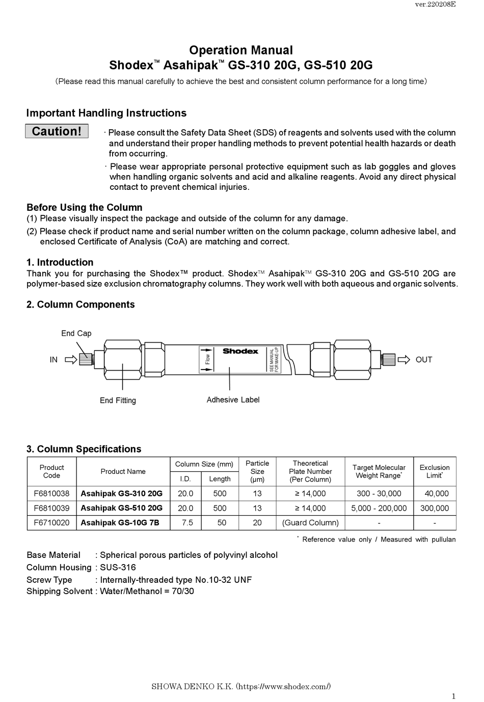 SHODEX ASAHIPAK GS-310 20G OPERATION MANUAL Pdf Download | ManualsLib