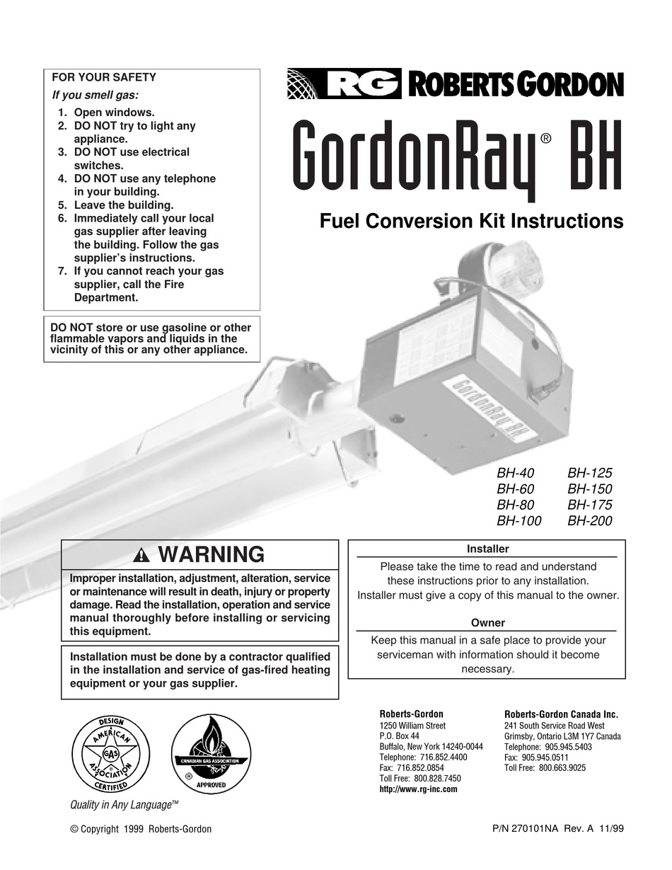 ROBERTS GORDEN GORDONRAY BH SERIES INSTRUCTIONS MANUAL Pdf Download
