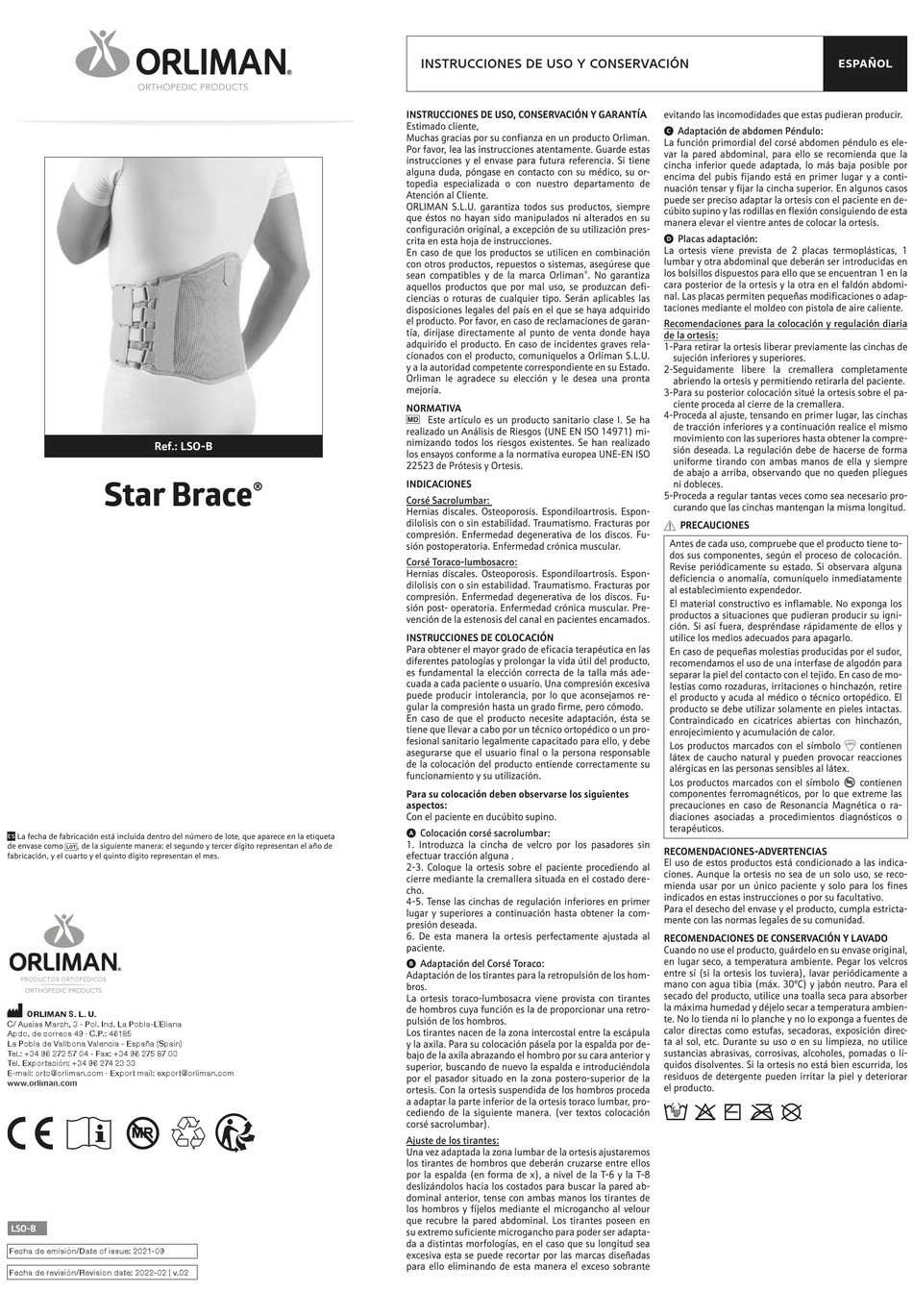 ORLIMAN STAR BRACE LSOB USE AND MAINTENANCE INSTRUCTIONS Pdf Download
