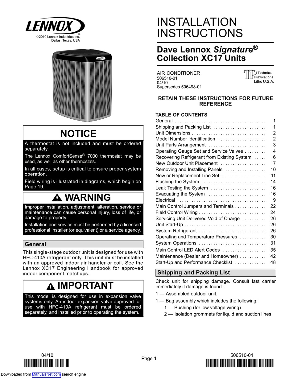 LENNOX SIGNATURE XC17 INSTALLATION INSTRUCTIONS MANUAL Pdf Download ...