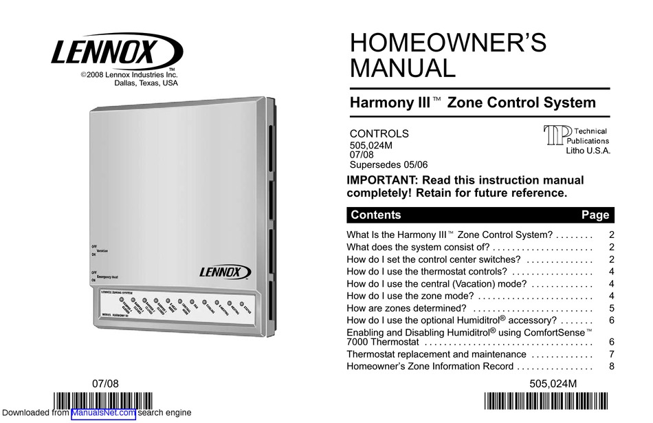 LENNOX HARMONY III HOMEOWNER'S MANUAL Pdf Download ManualsLib