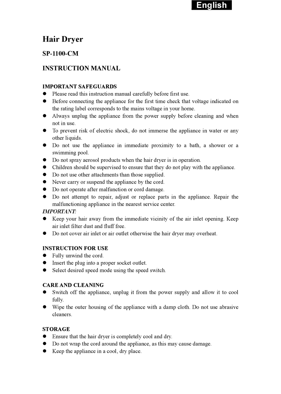 SAPIRHOME SP-1100-CM INSTRUCTION MANUAL Pdf Download | ManualsLib