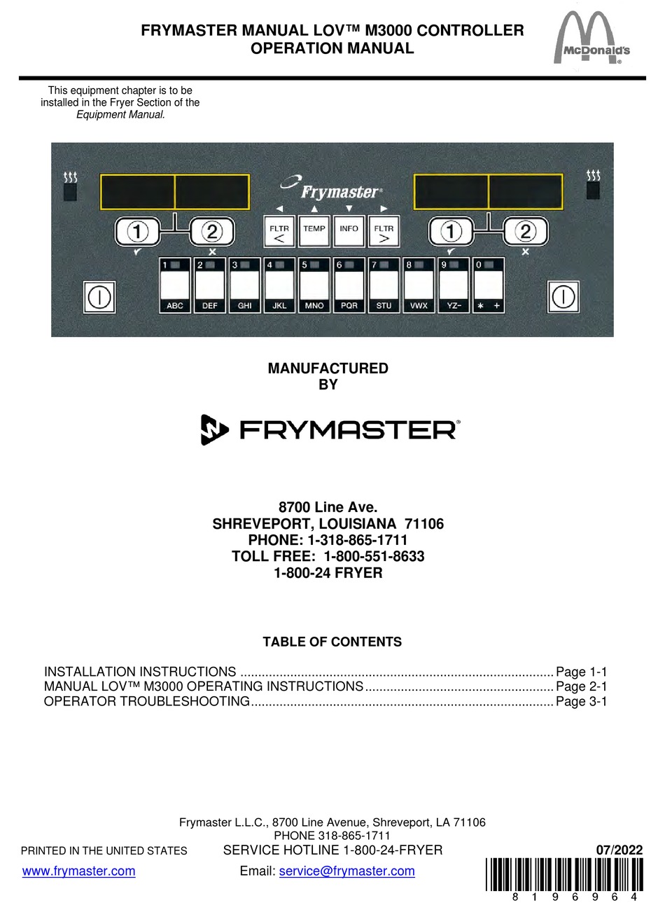 FRYMASTER MCDONALD'S LOV M3000 OPERATION MANUAL Pdf Download | ManualsLib