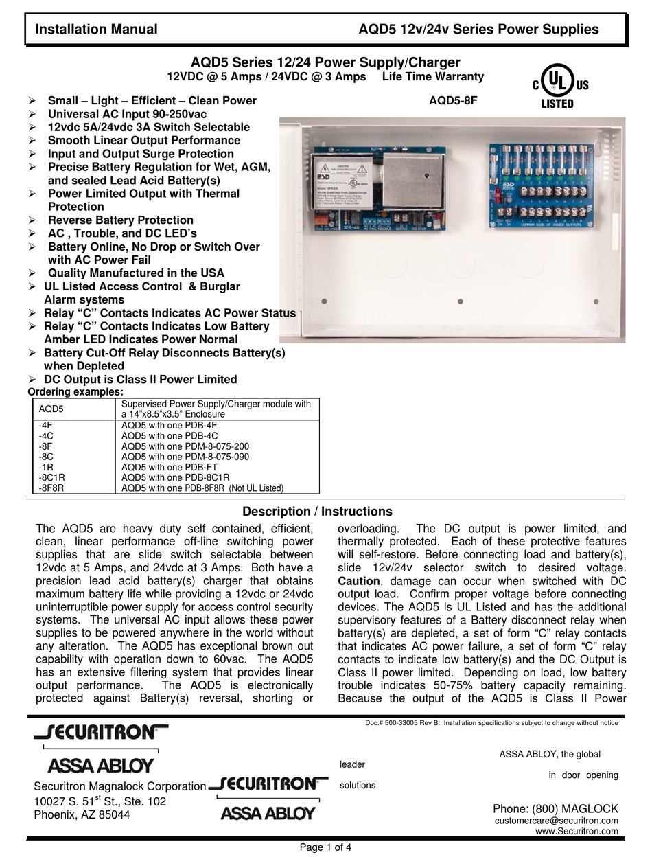 ASSA ABLOY SECURITRON AQD5 SERIES INSTALLATION MANUAL Pdf Download ...