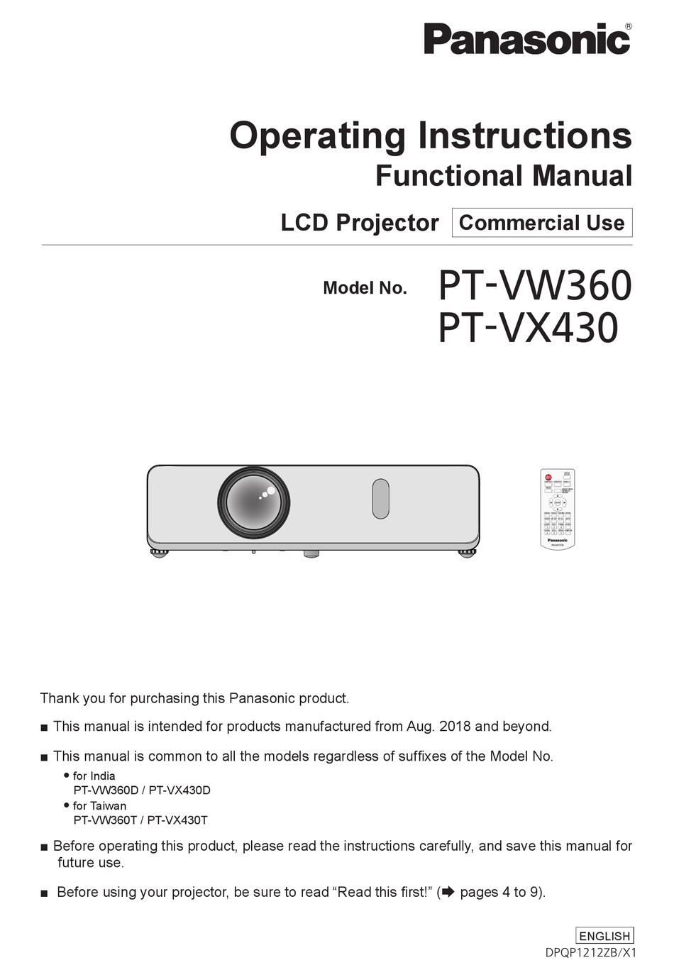 PANASONIC PT-VW360D OPERATING INSTRUCTIONS MANUAL Pdf Download | ManualsLib