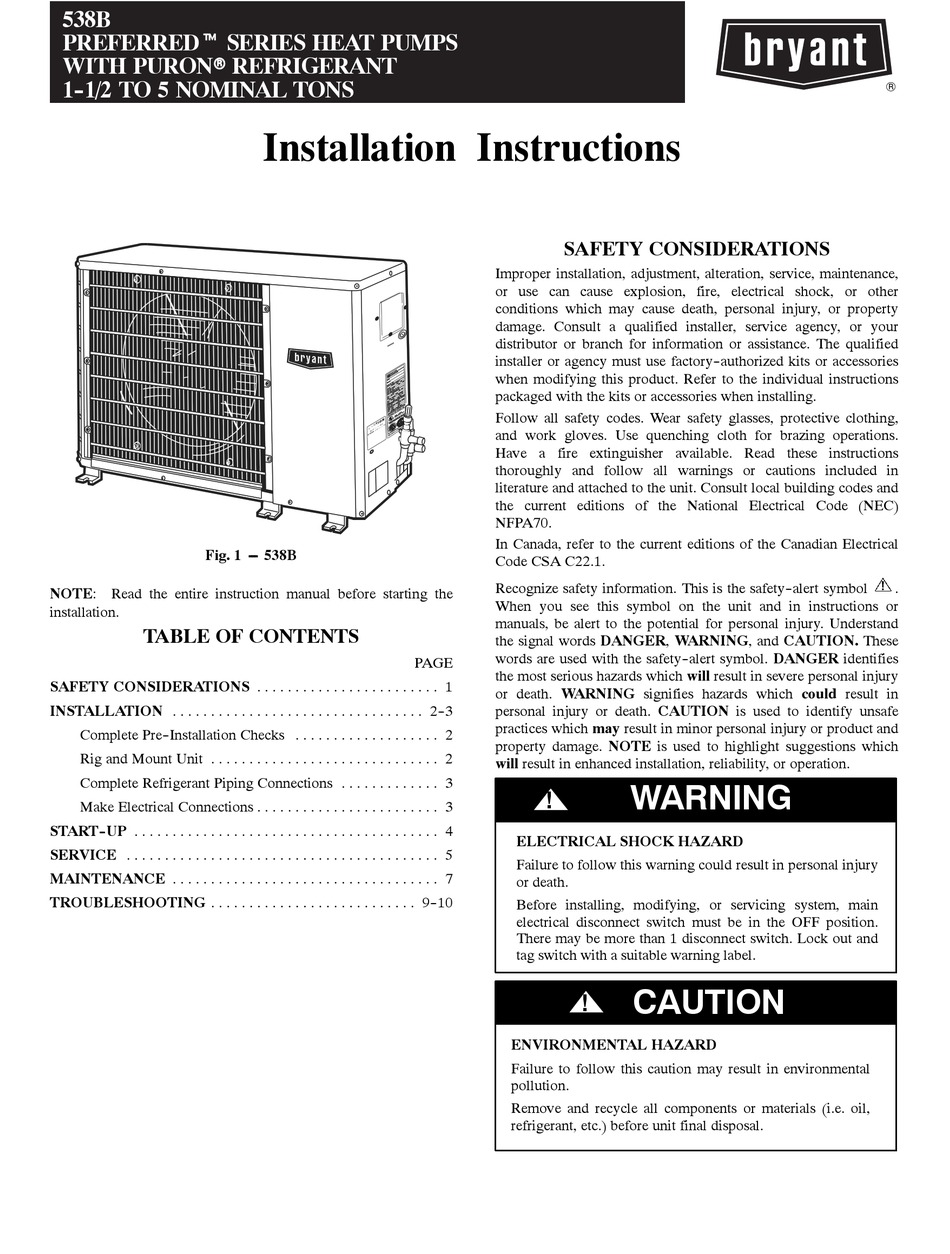 BRYANT PREFERRED 538B SERIES INSTALLATION INSTRUCTIONS MANUAL Pdf ...