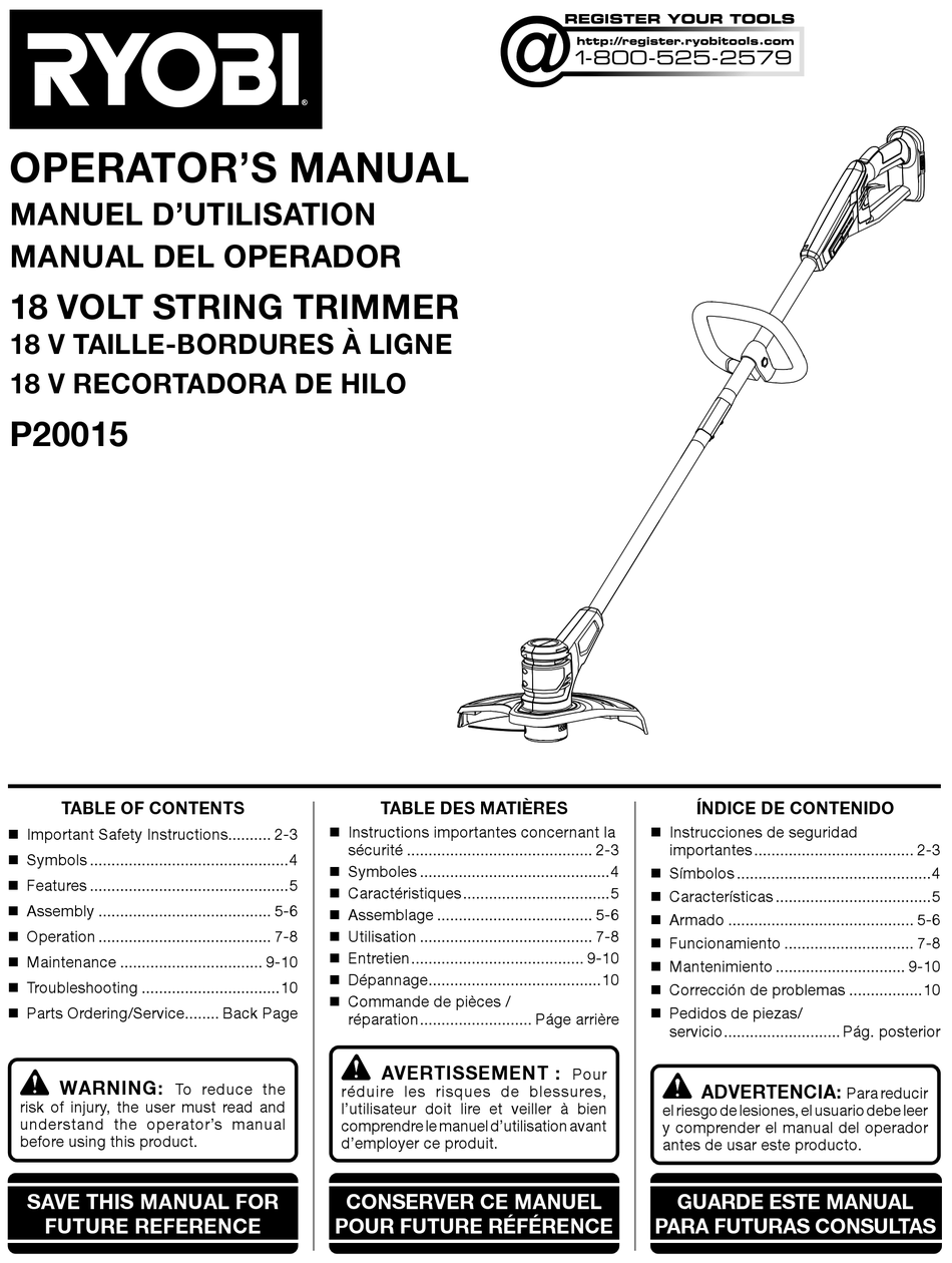 RYOBI P20015 OPERATOR