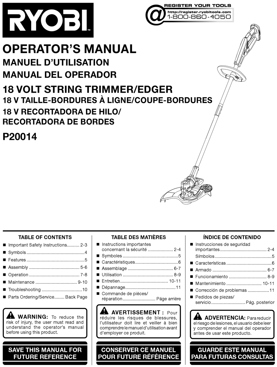 Ryobi P20014 Operators Manual Pdf Download Manualslib