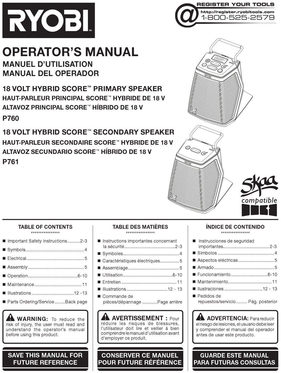 RYOBI P765 OPERATOR