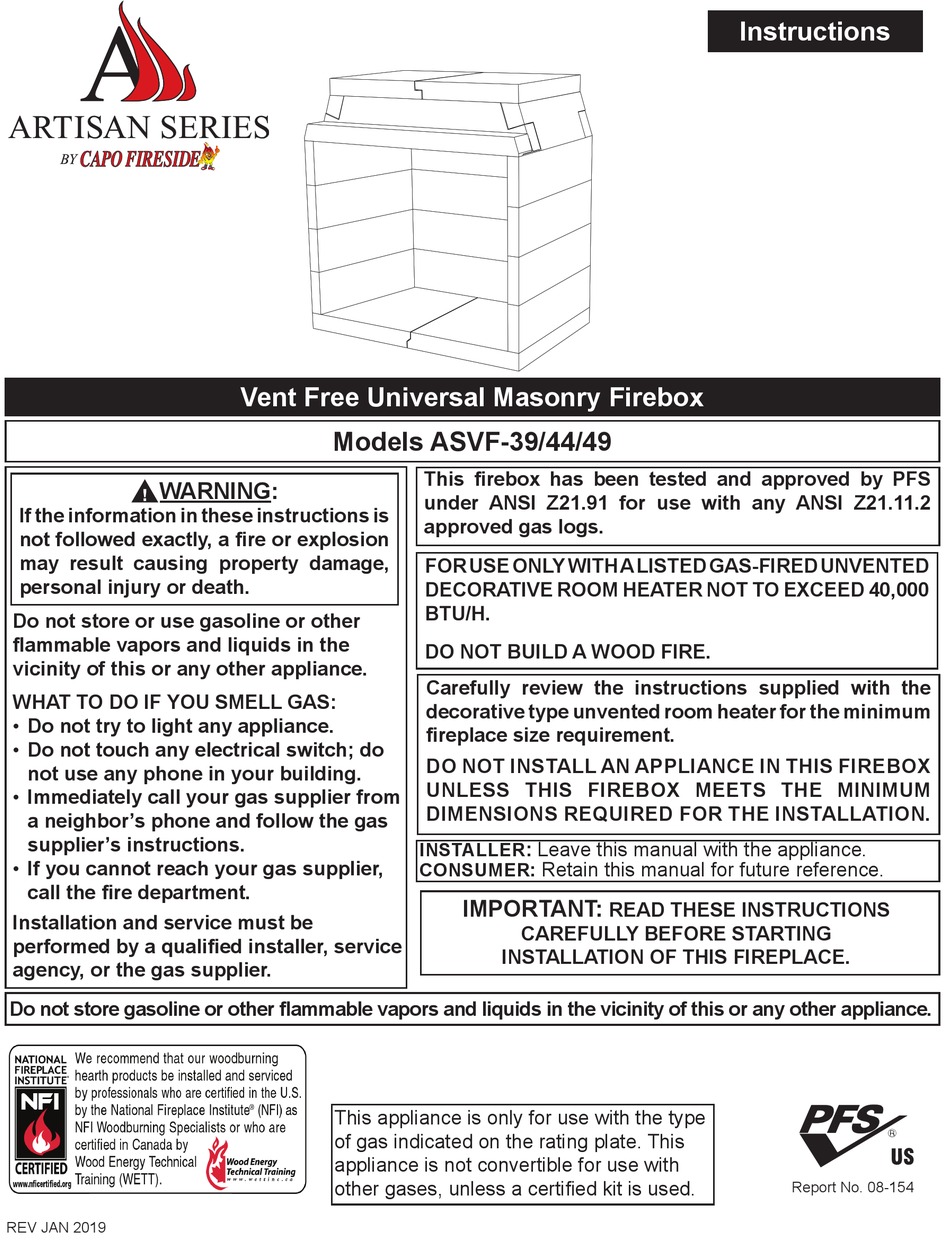 CAPO FIRESIDE ASVF39 INSTRUCTIONS MANUAL Pdf Download ManualsLib