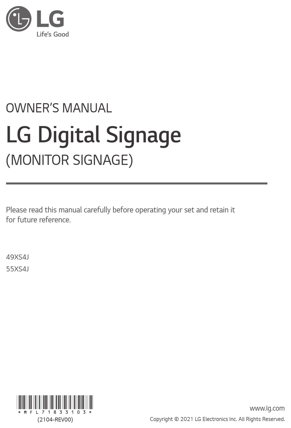 LG 55XS4J OWNER'S MANUAL Pdf Download | ManualsLib