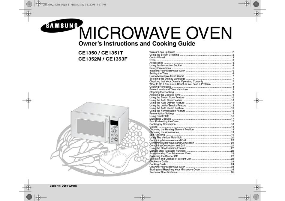 SAMSUNG CE1351T OWNER'S INSTRUCTIONS AND COOKING MANUAL Pdf Download