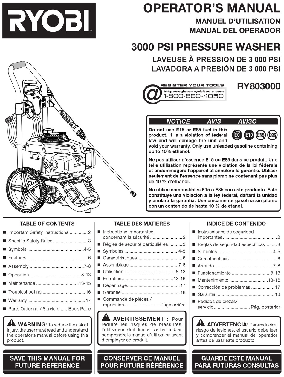 Ryobi Ry803000 Operators Manual Pdf Download Manualslib