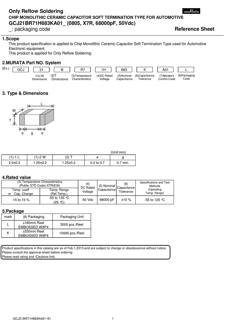 MURATA GCJ21BR71H683KA01 SERIES REFERENCE SHEET Pdf Download | ManualsLib