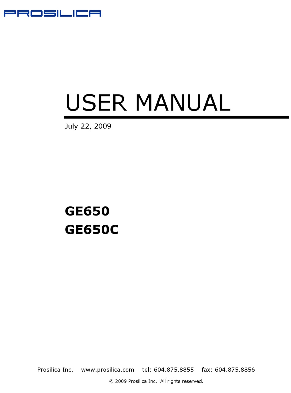 PROSILICA GE650 USER MANUAL Pdf Download | ManualsLib