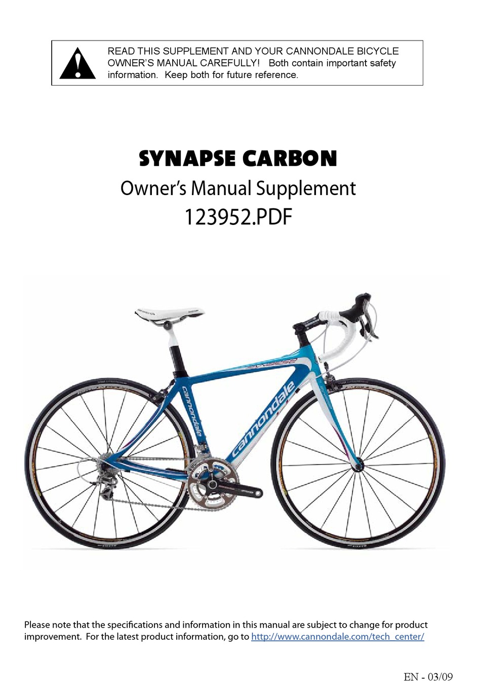 CANNONDALE SYNAPSE CARBON OWNER'S MANUAL SUPPLEMENT Pdf Download CANNONDALE SYNAPSE CARBON OWNER'S MANUAL SUPPLEMENT Pdf Download