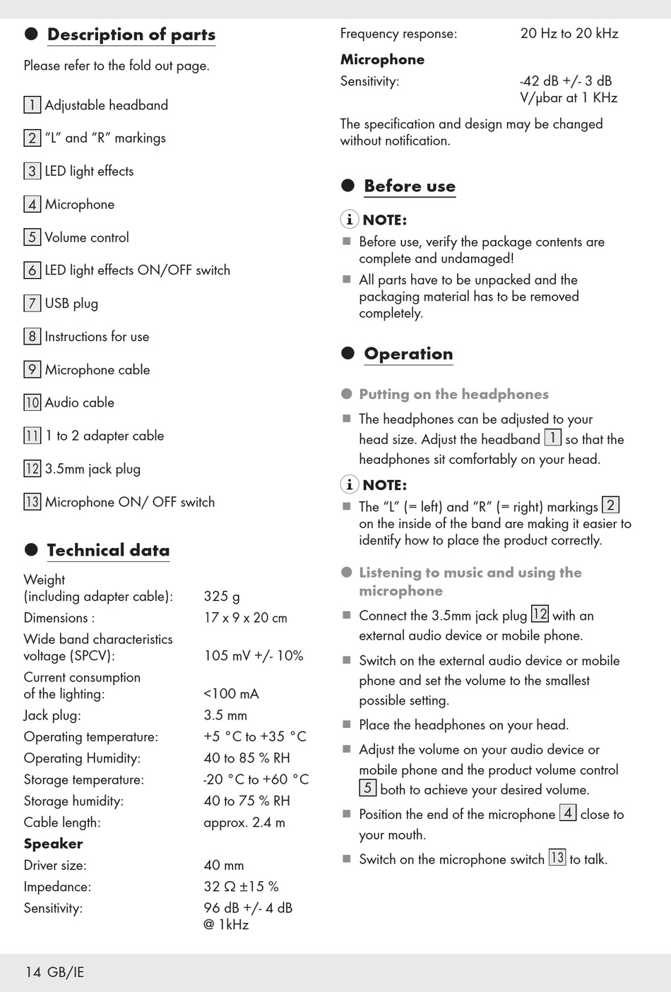 Description Of Parts Technical Data Before Use Operation