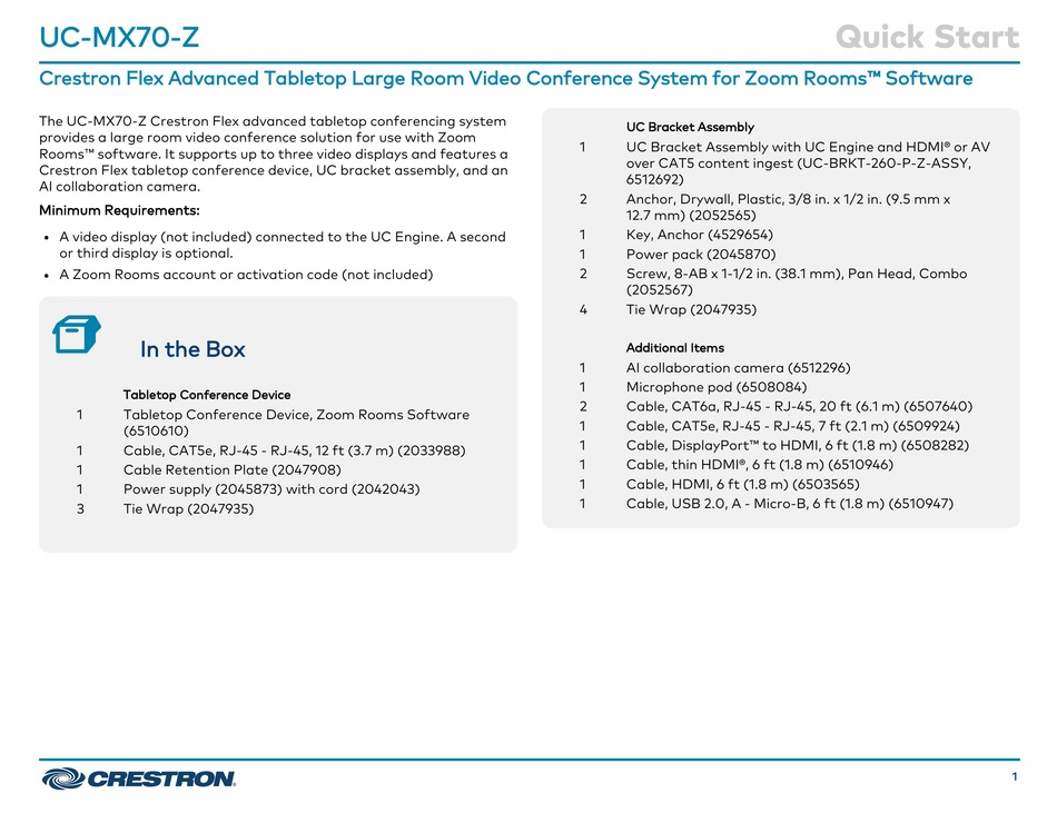 CRESTRON UC-MX70-Z QUICK START MANUAL Pdf Download | ManualsLib