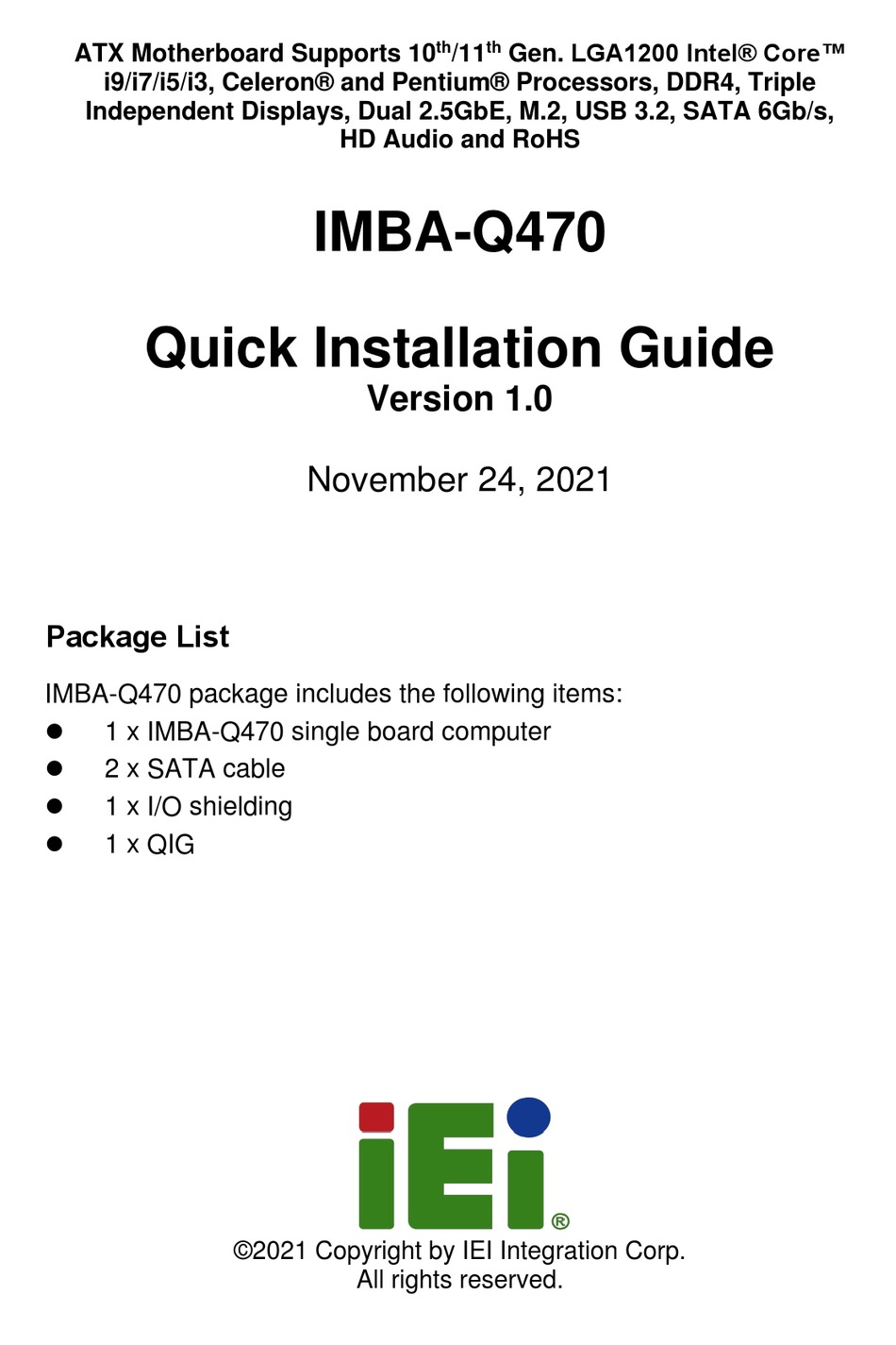 IEI TECHNOLOGY IMBA-Q470 QUICK INSTALLATION MANUAL Pdf Download ...