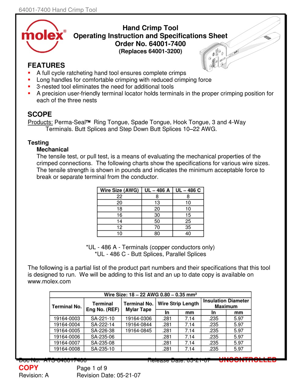 MOLEX 64001-7400 OPERATING INSTRUCTION AND SPECIFICATIONS SHEET Pdf ...