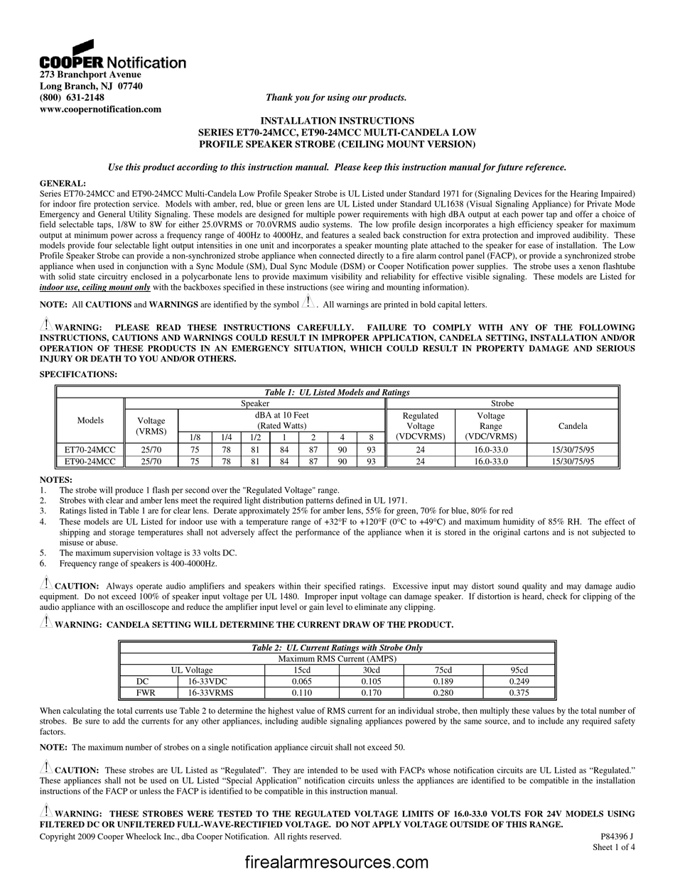 COOPER NOTIFICATION ET70-24MCC SERIES INSTALLATION INSTRUCTIONS Pdf ...