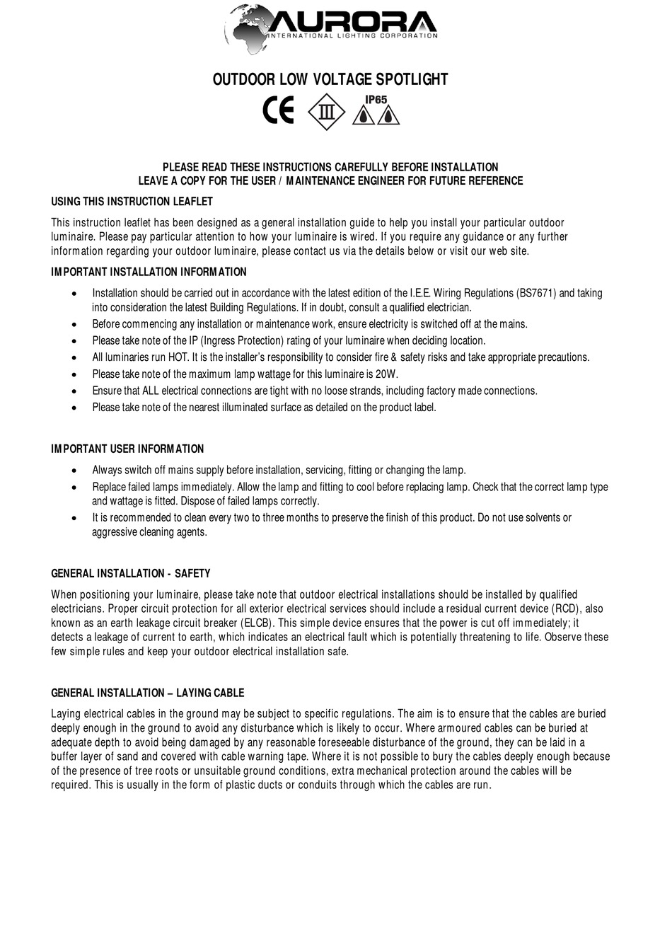 AURORA PDL20 INSTRUCTION LEAFLET Pdf Download | ManualsLib