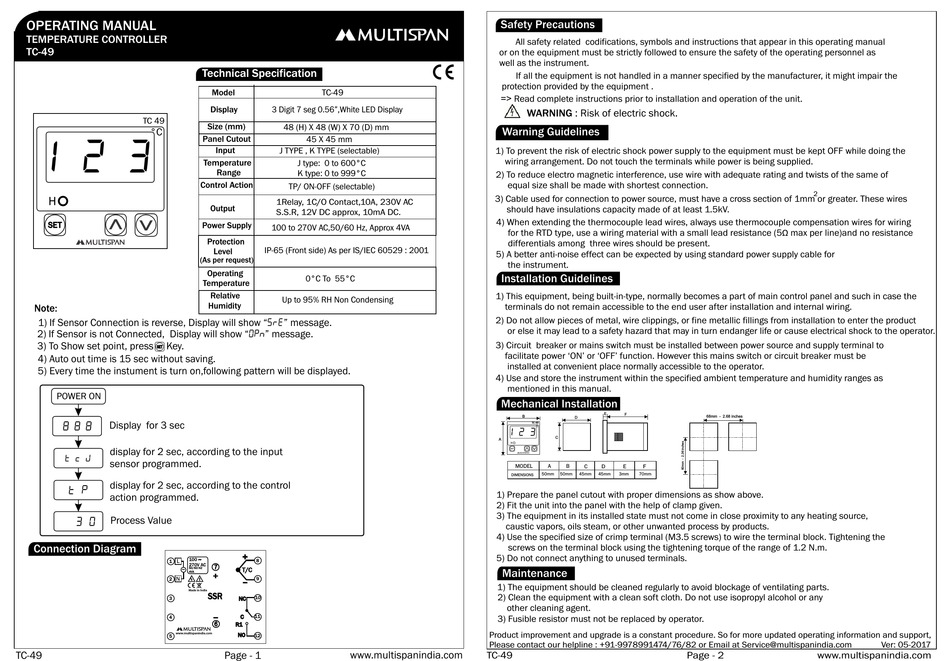 MULTISPAN TC-49 OPERATING MANUAL Pdf Download | ManualsLib