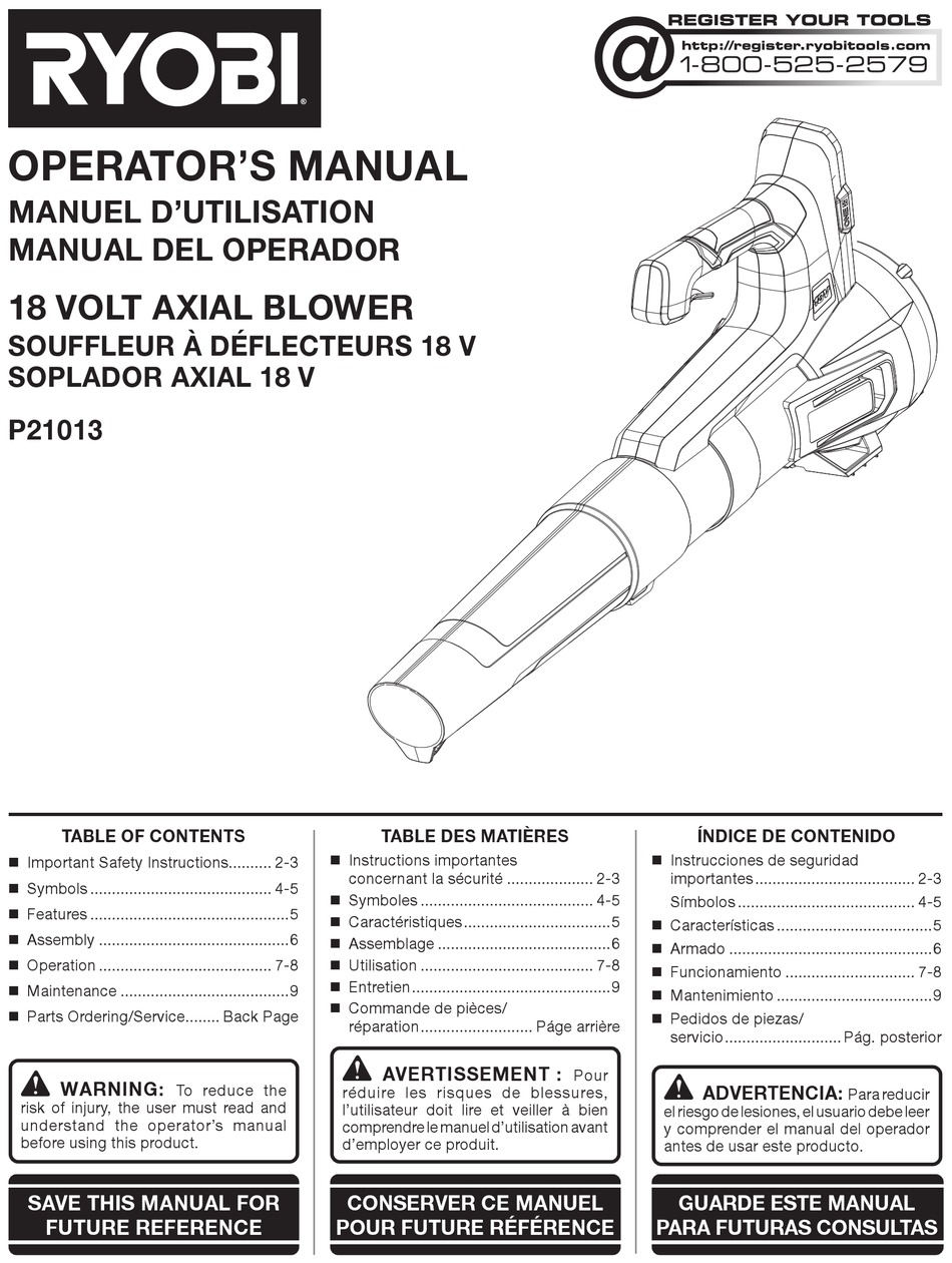 RYOBI P21013 OPERATOR