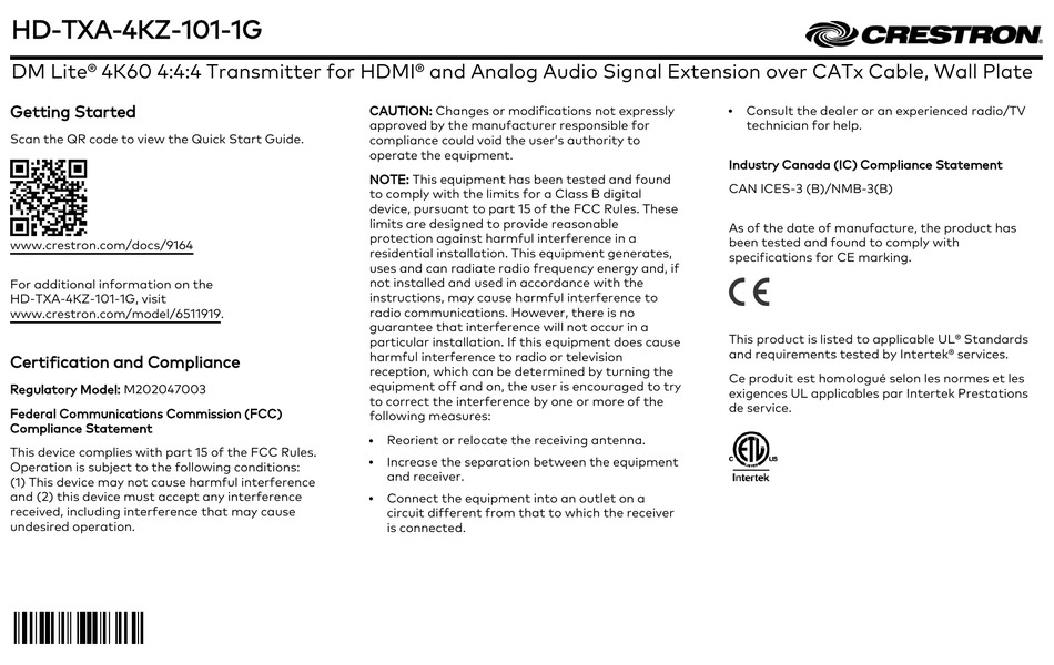 CRESTRON HD-TXA-4KZ-101-1G GETTING STARTED Pdf Download | ManualsLib