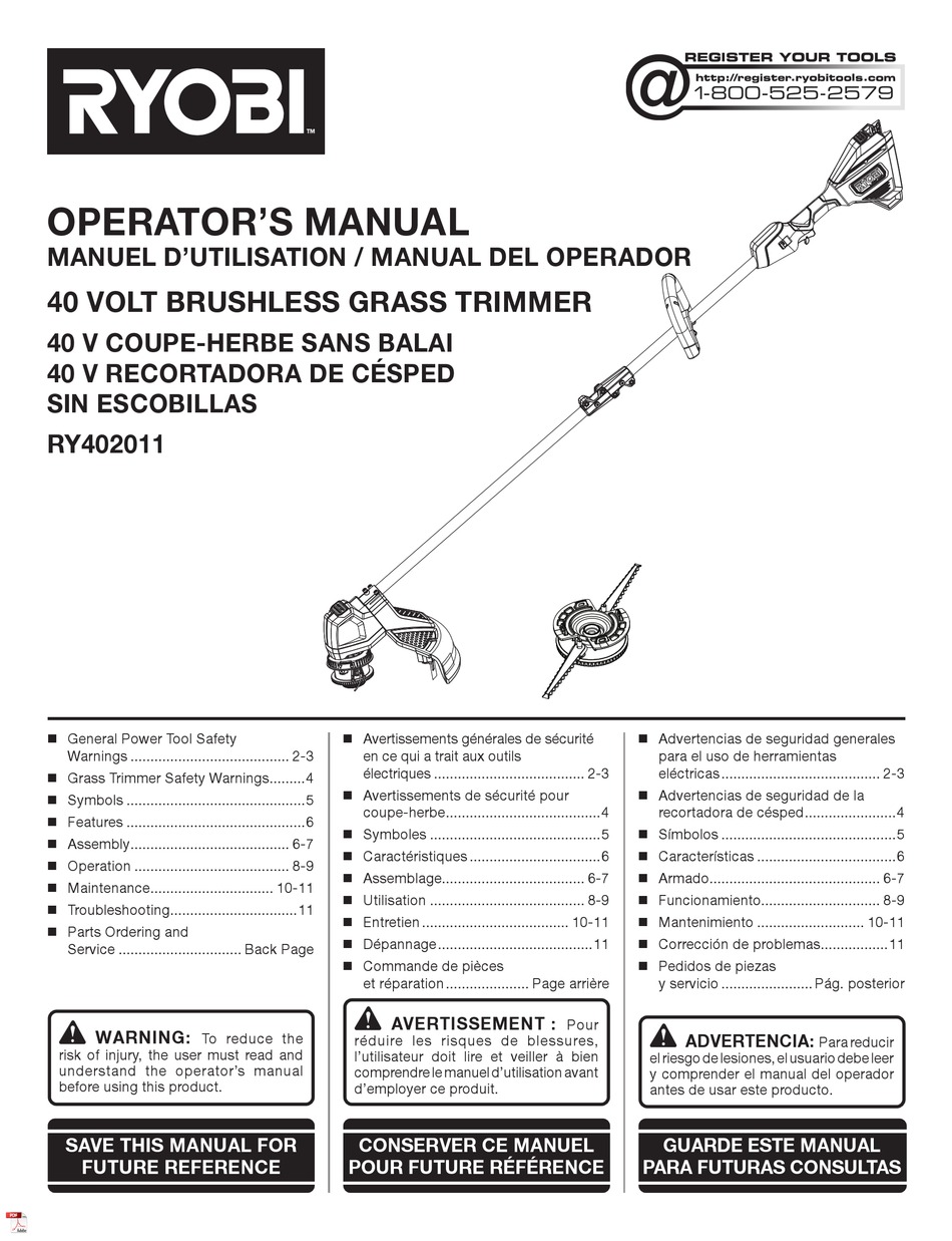 RYOBI RY402011 OPERATOR'S MANUAL Pdf Download | ManualsLib