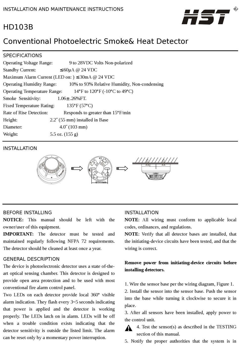 HST HD103B INSTALLATION AND MAINTENANCE INSTRUCTIONS Pdf Download ...