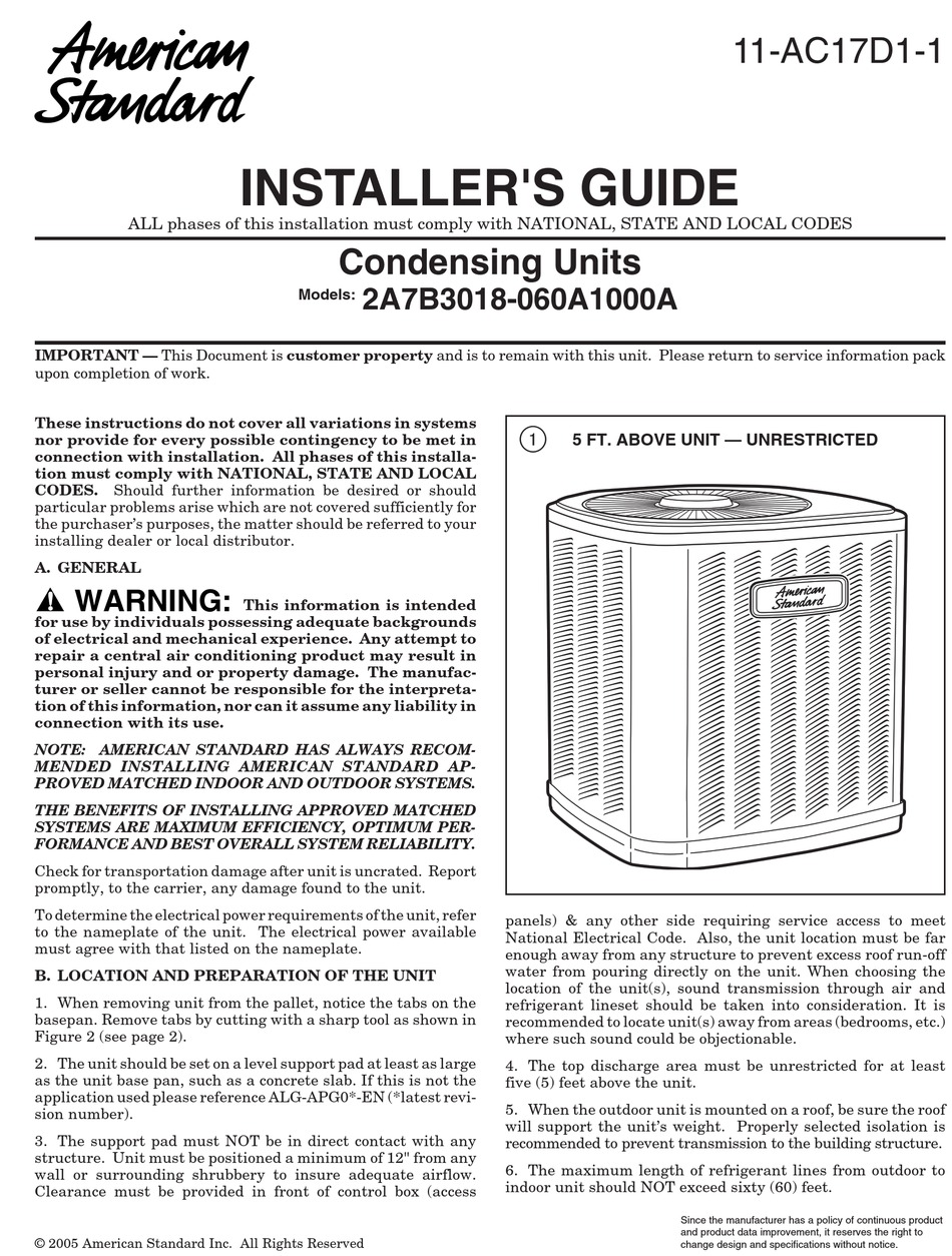 AMERICAN STANDARD 2A7B30181000A INSTALLER