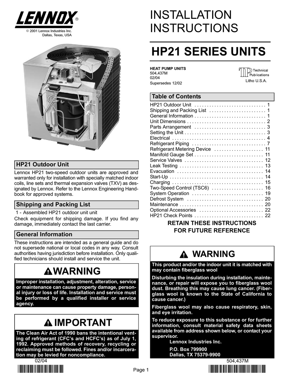 LENNOX HP21 SERIES INSTALLATION INSTRUCTIONS MANUAL Pdf Download