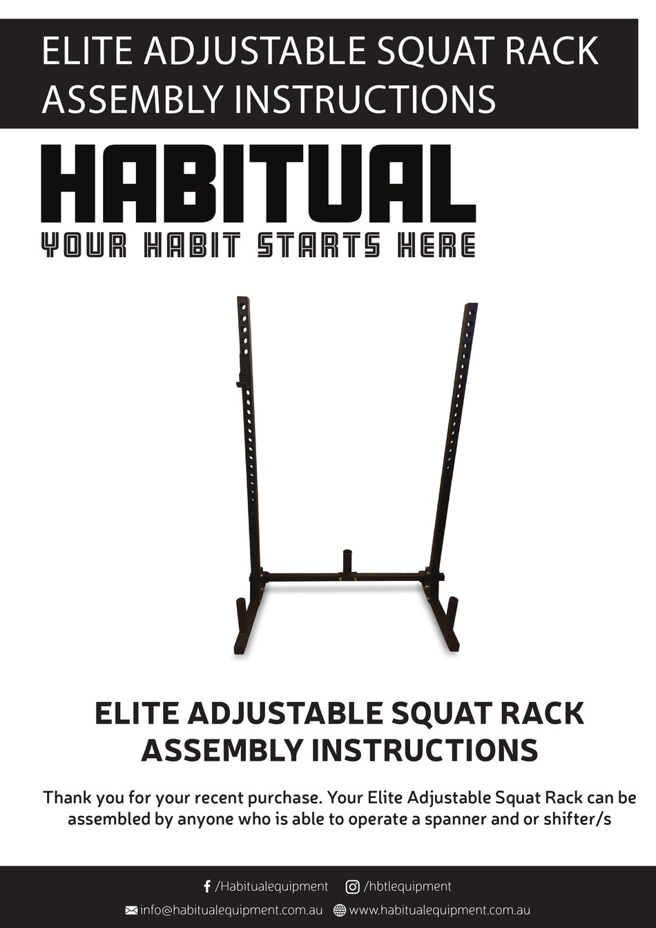 HABITUAL ELITE ADJUSTABLE SQUAT RACK ASSEMBLY INSTRUCTIONS MANUAL Pdf