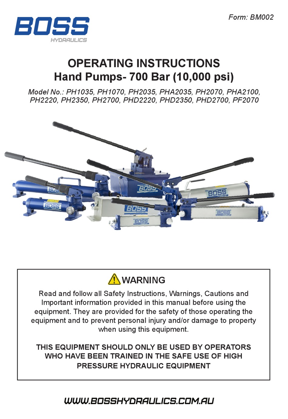 BOSS HYDRAULICS PH1035 OPERATING INSTRUCTIONS MANUAL Pdf Download