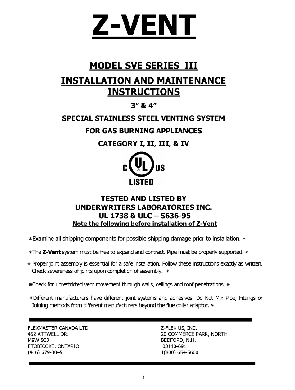 ZFLEX ZVENT SVE III SERIES INSTALLATION AND MAINTENANCE INSTRUCTIONS