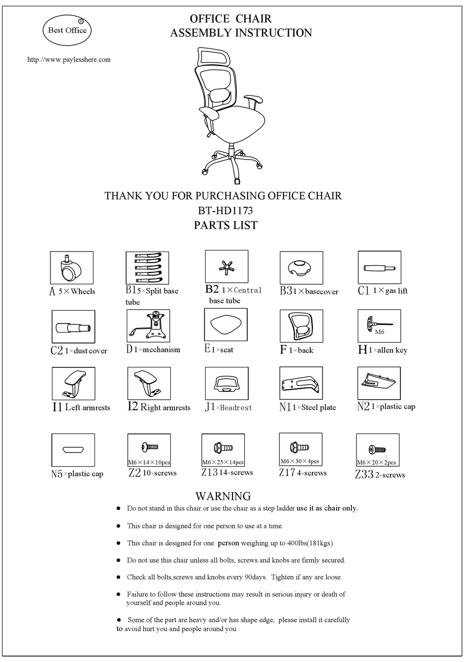BEST OFFICE BTHD1173 ASSEMBLY INSTRUCTION Pdf Download ManualsLib